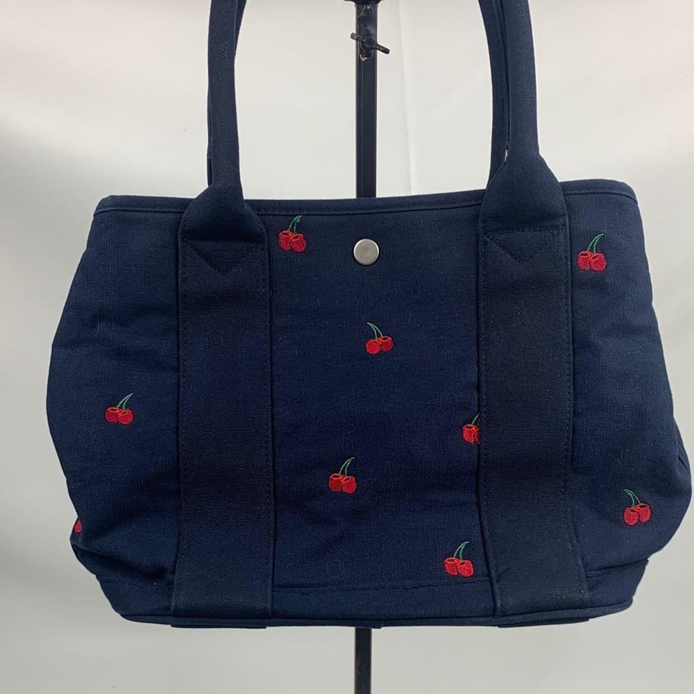 J Crew Cherry Embroidered Navy Tote Bag purse Snap Close Red lined Pockets